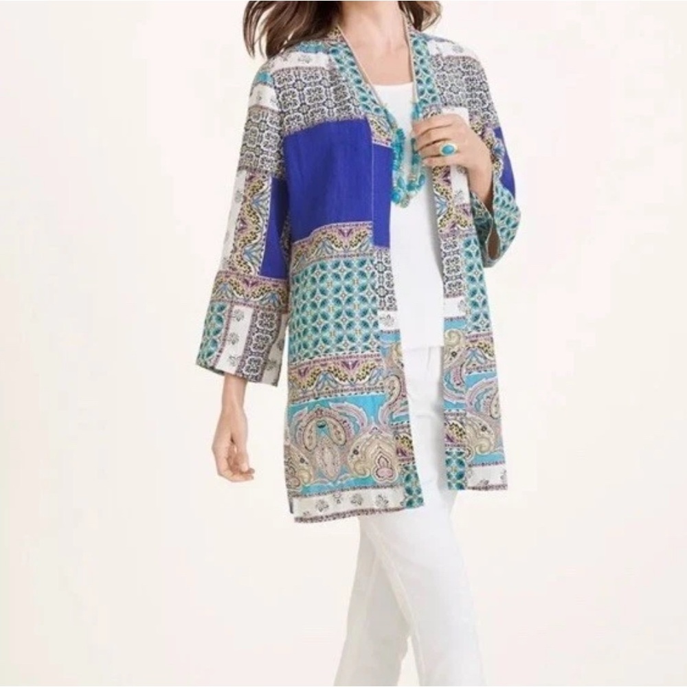 CHICO’S Blue Patchwork 100% Linen Duster Jacket K… - image 1